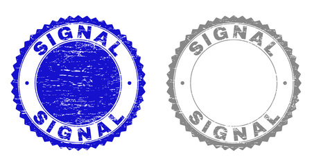 Grunge SIGNAL stamp seals isolated on a white background. Rosette seals with grunge texture in blue and gray colors. Vector rubber stamp imitation of SIGNAL label inside round rosette.のイラスト素材
