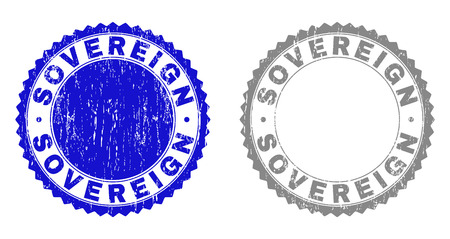 Grunge SOVEREIGN stamp seals isolated on a white background. Rosette seals with distress texture in blue and gray colors. Vector rubber stamp imprint of SOVEREIGN title inside round rosette.のイラスト素材