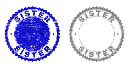 Grunge SISTER stamp seals isolated on a white background. Rosette seals with grunge texture in blue and grey colors. Vector rubber stamp imprint of SISTER title inside round rosette.のイラスト素材