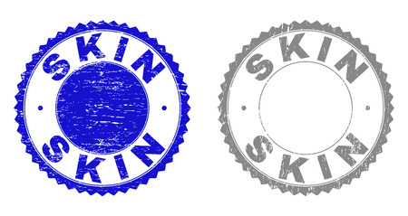 Grunge SKIN stamp seals isolated on a white background. Rosette seals with grunge texture in blue and gray colors. Vector rubber stamp imitation of SKIN tag inside round rosette.のイラスト素材