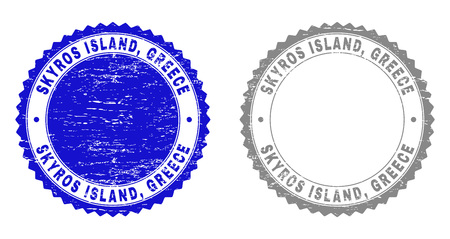 Grunge SKYROS ISLAND, GREECE stamp seals isolated on a white background. Rosette seals with grunge texture in blue and gray colors. Vector rubber stamp imprint of SKYROS ISLAND,のイラスト素材