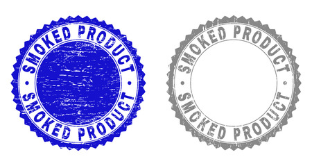 Grunge SMOKED PRODUCT stamp seals isolated on a white background. Rosette seals with grunge texture in blue and grey colors. Vector rubber overlay of SMOKED PRODUCT label inside round rosette.のイラスト素材