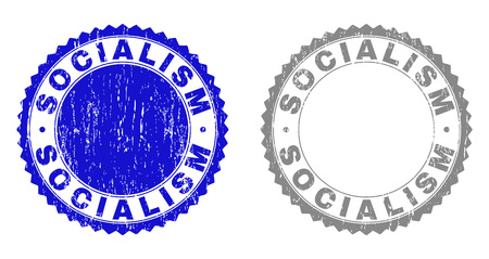 Grunge SOCIALISM stamp seals isolated on a white background. Rosette seals with grunge texture in blue and grey colors. Vector rubber watermark of SOCIALISM tag inside round rosette.のイラスト素材
