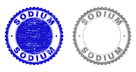 Grunge SODIUM stamp seals isolated on a white background. Rosette seals with grunge texture in blue and grey colors. Vector rubber stamp imitation of SODIUM tag inside round rosette.のイラスト素材