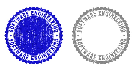 Grunge SOFTWARE ENGINEERING stamp seals isolated on a white background. Rosette seals with grunge texture in blue and grey colors.のイラスト素材