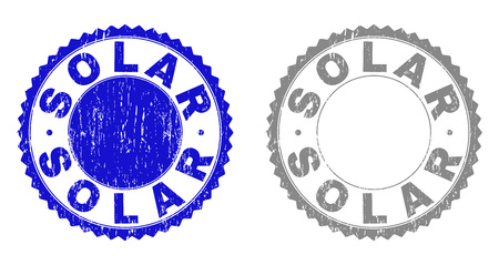 Grunge SOLAR stamp seals isolated on a white background. Rosette seals with grunge texture in blue and grey colors. Vector rubber stamp imprint of SOLAR text inside round rosette.のイラスト素材