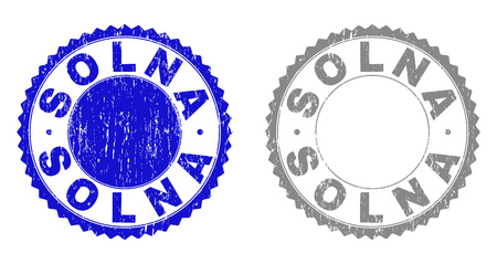 Grunge SOLNA stamp seals isolated on a white background. Rosette seals with grunge texture in blue and gray colors. Vector rubber stamp imprint of SOLNA caption inside round rosette.のイラスト素材