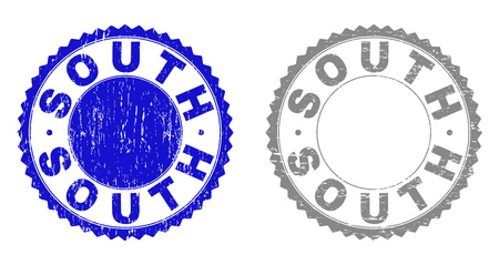 Grunge SOUTH stamp seals isolated on a white background. Rosette seals with grunge texture in blue and gray colors. Vector rubber watermark of SOUTH caption inside round rosette.のイラスト素材