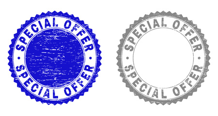 Grunge SPECIAL OFFER stamp seals isolated on a white background. Rosette seals with distress texture in blue and gray colors. Vector rubber stamp imitation of SPECIAL OFFER tag inside round rosette.のイラスト素材