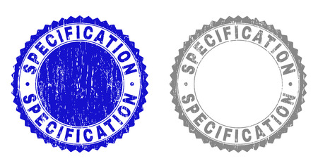 Grunge SPECIFICATION stamp seals isolated on a white background. Rosette seals with distress texture in blue and gray colors. Vector rubber overlay of SPECIFICATION tag inside round rosette.のイラスト素材