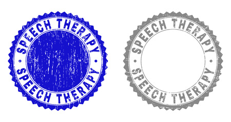 Grunge SPEECH THERAPY stamp seals isolated on a white background. Rosette seals with grunge texture in blue and grey colors. Vector rubber overlay of SPEECH THERAPY label inside round rosette.のイラスト素材