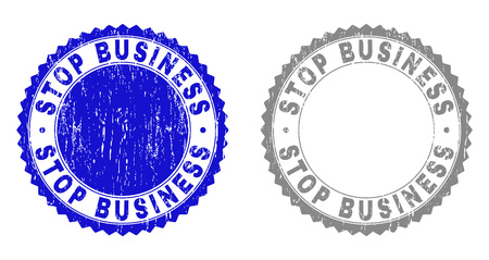 Grunge STOP BUSINESS stamps isolated on a white background. Rosette seals with grunge texture in blue and grey colors. Vector rubber stamp imprint of STOP BUSINESS text inside round rosette.のイラスト素材