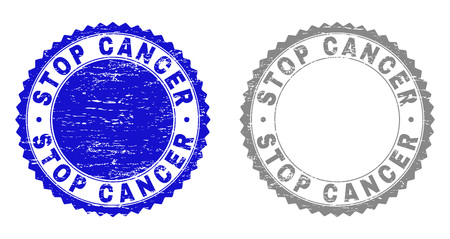 Grunge STOP CANCER stamp seals isolated on a white background. Rosette seals with grunge texture in blue and gray colors. Vector rubber stamp imitation of STOP CANCER tag inside round rosette.のイラスト素材