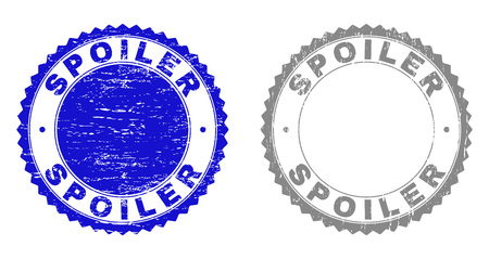 Grunge SPOILER stamp seals isolated on a white background. Rosette seals with distress texture in blue and gray colors. Vector rubber stamp imitation of SPOILER title inside round rosette.のイラスト素材