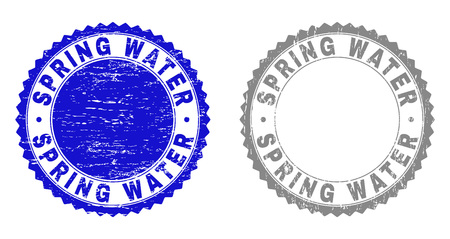 Grunge SPRING WATER stamp seals isolated on a white background. Rosette seals with grunge texture in blue and grey colors. Vector rubber watermark of SPRING WATER caption inside round rosette.のイラスト素材