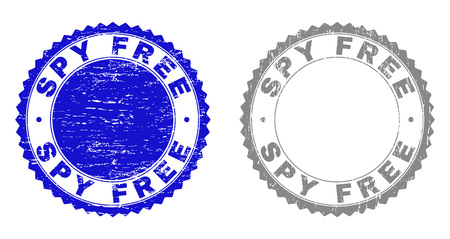 Grunge SPY FREE stamp seals isolated on a white background. Rosette seals with grunge texture in blue and gray colors. Vector rubber stamp imitation of SPY FREE caption inside round rosette.のイラスト素材