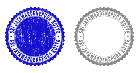 Grunge SRI JAYAWARDENEPURA KOTTE stamp seals isolated on a white background. Rosette seals with grunge texture in blue and grey colors.のイラスト素材