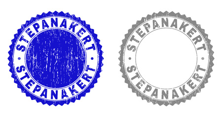 Grunge STEPANAKERT stamp seals isolated on a white background. Rosette seals with grunge texture in blue and grey colors. Vector rubber stamp imitation of STEPANAKERT caption inside round rosette.のイラスト素材
