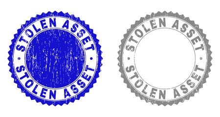 Grunge STOLEN ASSET stamp seals isolated on a white background. Rosette seals with grunge texture in blue and grey colors. Vector rubber stamp imitation of STOLEN ASSET label inside round rosette.のイラスト素材