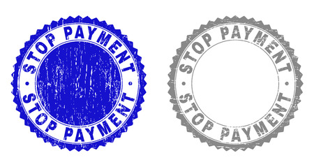 Grunge STOP PAYMENT stamp seals isolated on a white background. Rosette seals with grunge texture in blue and gray colors. Vector rubber stamp imprint of STOP PAYMENT title inside round rosette.のイラスト素材