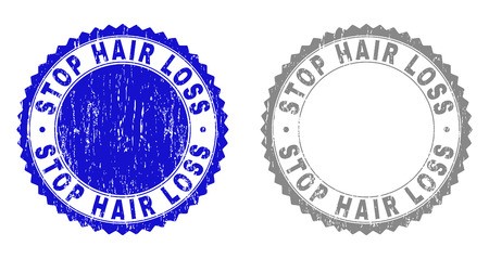 Grunge STOP HAIR LOSS stamp seals isolated on a white background. Rosette seals with grunge texture in blue and grey colors. Vector rubber stamp imprint of STOP HAIR LOSS text inside round rosette.のイラスト素材