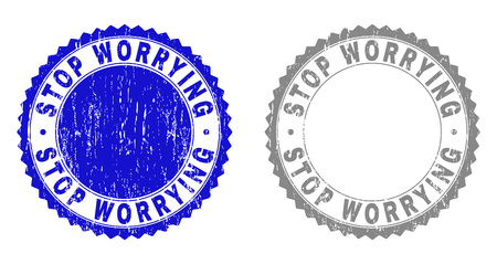 Grunge STOP WORRYING stamp seals isolated on a white background. Rosette seals with distress texture in blue and gray colors. Vector rubber stamp imprint of STOP WORRYING label inside round rosette.のイラスト素材