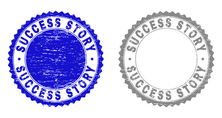 Grunge SUCCESS STORY stamp seals isolated on a white background. Rosette seals with grunge texture in blue and grey colors. Vector rubber stamp imitation of SUCCESS STORY tag inside round rosette.のイラスト素材