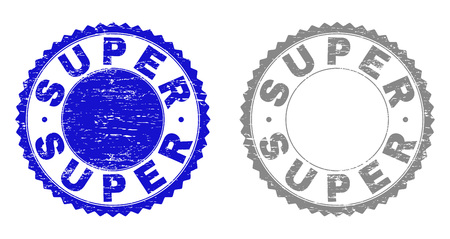 Grunge SUPER stamp seals isolated on a white background. Rosette seals with grunge texture in blue and grey colors. Vector rubber stamp imprint of SUPER tag inside round rosette.のイラスト素材