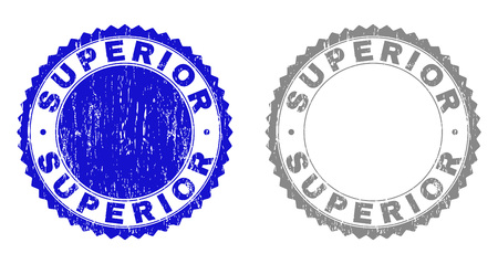 Grunge SUPERIOR stamp seals isolated on a white background. Rosette seals with grunge texture in blue and gray colors. Vector rubber stamp imprint of SUPERIOR label inside round rosette.のイラスト素材