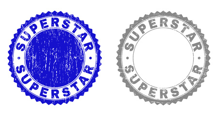 Grunge SUPERSTAR stamp seals isolated on a white background. Rosette seals with distress texture in blue and gray colors. Vector rubber stamp imitation of SUPERSTAR caption inside round rosette.のイラスト素材