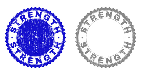 Grunge STRENGTH stamp seals isolated on a white background. Rosette seals with grunge texture in blue and gray colors. Vector rubber stamp imprint of STRENGTH caption inside round rosette.のイラスト素材