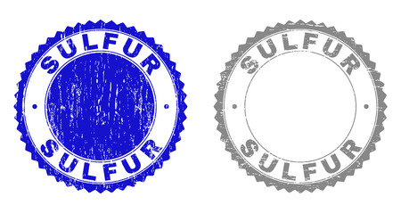 Grunge SULFUR stamp seals isolated on a white background. Rosette seals with distress texture in blue and grey colors. Vector rubber stamp imprint of SULFUR title inside round rosette.のイラスト素材