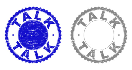 Grunge TALK stamp seals isolated on a white background. Rosette seals with grunge texture in blue and gray colors. Vector rubber stamp imitation of TALK caption inside round rosette.のイラスト素材