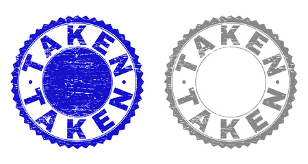 Grunge TAKEN stamp seals isolated on a white background. Rosette seals with grunge texture in blue and grey colors. Vector rubber overlay of TAKEN caption inside round rosette.のイラスト素材
