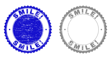Grunge SMILE! stamp seals isolated on a white background. Rosette seals with grunge texture in blue and gray colors. Vector rubber overlay of SMILE! caption inside round rosette.のイラスト素材