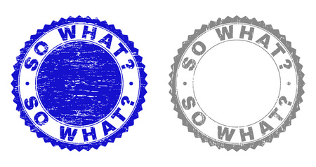 Grunge SO WHAT? stamp seals isolated on a white background. Rosette seals with grunge texture in blue and gray colors. Vector rubber stamp imitation of SO WHAT? title inside round rosette.のイラスト素材
