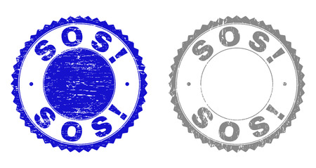Grunge SOS! stamp seals isolated on a white background. Rosette seals with grunge texture in blue and grey colors. Vector rubber stamp imitation of SOS! caption inside round rosette.のイラスト素材