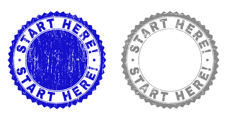 Grunge START HERE! stamp seals isolated on a white background. Rosette seals with grunge texture in blue and gray colors. Vector rubber stamp imprint of START HERE! label inside round rosette.のイラスト素材