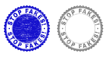 Grunge STOP FAKES! stamp seals isolated on a white background. Rosette seals with grunge texture in blue and gray colors. Vector rubber stamp imprint of STOP FAKES! text inside round rosette.のイラスト素材