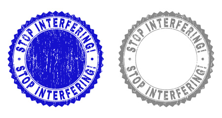 Grunge STOP INTERFERING! stamp seals isolated on a white background. Rosette seals with distress texture in blue and grey colors.のイラスト素材