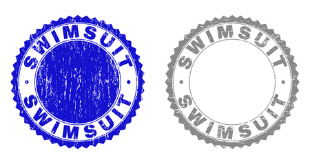 Grunge SWIMSUIT stamp seals isolated on a white background. Rosette seals with distress texture in blue and gray colors. Vector rubber stamp imprint of SWIMSUIT title inside round rosette.のイラスト素材