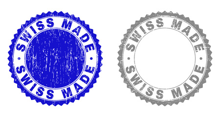 Grunge SWISS MADE stamp seals isolated on a white background. Rosette seals with grunge texture in blue and grey colors. Vector rubber stamp imitation of SWISS MADE caption inside round rosette.のイラスト素材