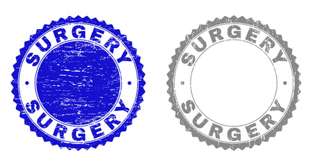 Grunge SURGERY stamp seals isolated on a white background. Rosette seals with grunge texture in blue and gray colors. Vector rubber watermark of SURGERY text inside round rosette.のイラスト素材