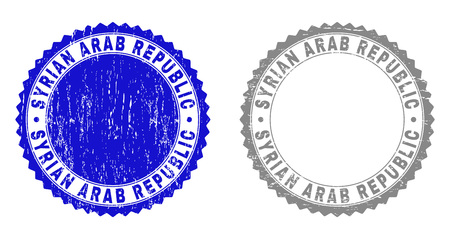 Grunge SYRIAN ARAB REPUBLIC stamp seals isolated on a white background. Rosette seals with distress texture in blue and grey colors.のイラスト素材