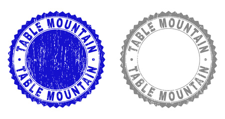Grunge TABLE MOUNTAIN stamp seals isolated on a white background. Rosette seals with grunge texture in blue and gray colors. Vector rubber stamp imprint of TABLE MOUNTAIN tag inside round rosette.のイラスト素材