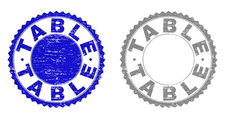 Grunge TABLE stamps isolated on a white background. Rosette seals with grunge texture in blue and gray colors. Vector rubber stamp imitation of TABLE text inside round rosette.のイラスト素材