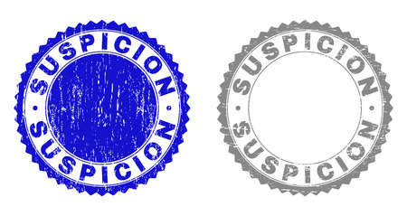 Grunge SUSPICION stamp seals isolated on a white background. Rosette seals with grunge texture in blue and grey colors. Vector rubber stamp imprint of SUSPICION tag inside round rosette.のイラスト素材