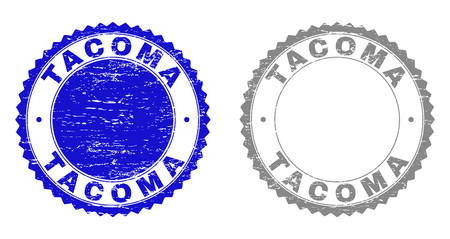 Grunge TACOMA stamp seals isolated on a white background. Rosette seals with grunge texture in blue and gray colors. Vector rubber stamp imitation of TACOMA caption inside round rosette.のイラスト素材