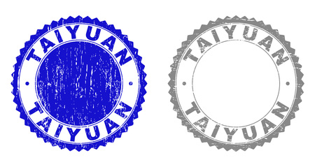 Grunge TAIYUAN stamp seals isolated on a white background. Rosette seals with grunge texture in blue and grey colors. Vector rubber overlay of TAIYUAN caption inside round rosette.のイラスト素材
