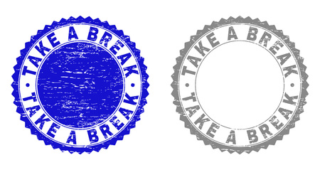 Grunge TAKE A BREAK stamp seals isolated on a white background. Rosette seals with grunge texture in blue and grey colors. Vector rubber stamp imitation of TAKE A BREAK tag inside round rosette.のイラスト素材